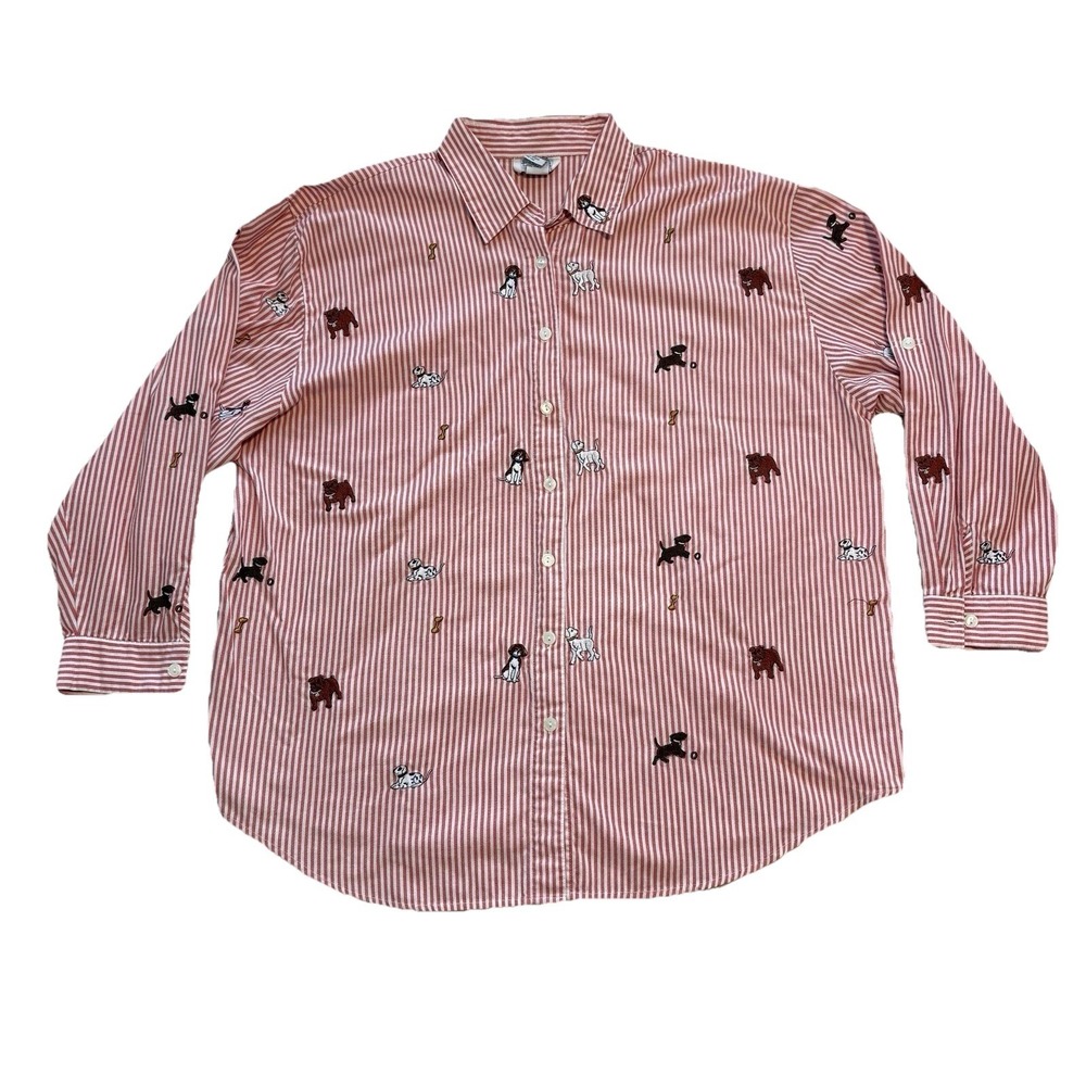 Vintage Teddi Shirt Womens Size 3X Red Stripe Embroidered Dog Print Button Up